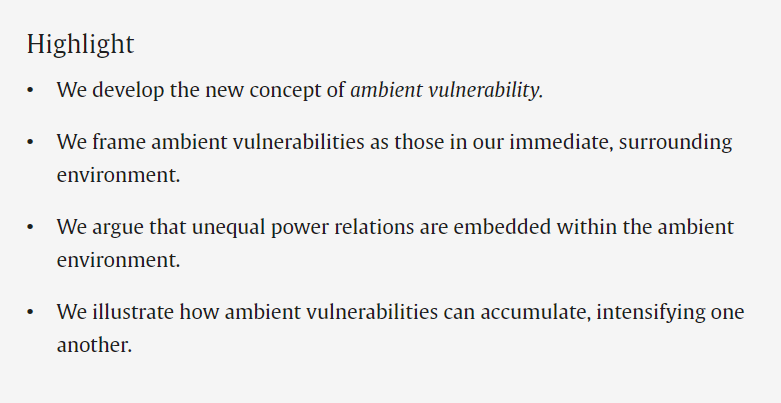 ✨Robinson and Williams introduce the concept of ambient vulnerability and they illustrate how this concept is integral to our understanding of social and #ecological vulnerability. 🌍Read this insightful work #OpenAccess in GEC: doi.org/10.1016/j.gloe…