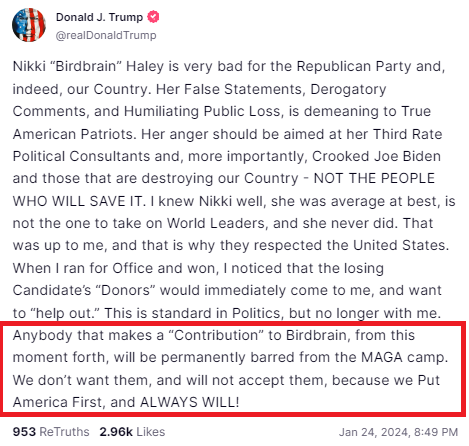 jamiedupree's tweet photo. 🚨 Trump threatens donors for Nikki Haley.  "Anybody that makes a contribution...will be permanently barred from the MAGA camp." https://t.co/bQu6M8SCsu