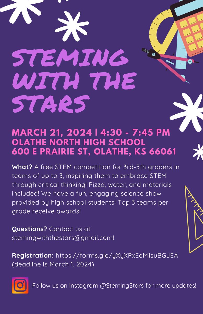 Calling all 3rd-5th graders! On March 21, 2024, Olathe North is hosting STEMing with the Stars: a free STEM comp. for elementary schoolers in teams of up to 3, inspiring them to embrace STEM &amp; critical thinking! Pizza, water, awards, and an interactive science show provided!