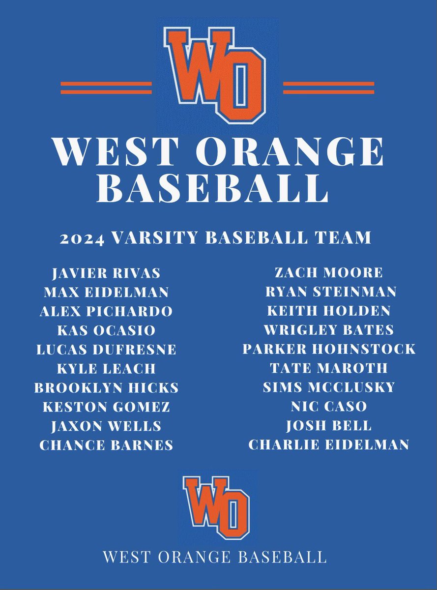 OrangeBaseball's tweet photo. Congratulations to these student-athletes who made the Varsity and Junior Varsity West Orange baseball teams for the 2024 season.

#WarriorPride #WOWBaseball https://t.co/3VQwrCCg3U