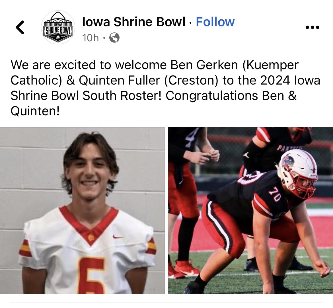Congrats to <a href="/Gerken_Ben0/">Ben Gerken</a> on being selected to the <a href="/iowashrinebowl/">Iowa Shrine Bowl</a> 🔥