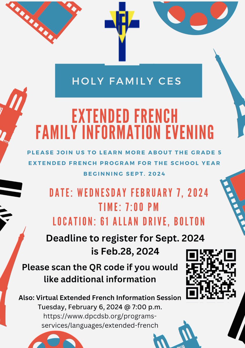 A heartfelt thank you <a href="/St_EVAN_Caledon/">St. Evan Catholic Elementary School</a> <a href="/NicholasDPCDSB/">St. Nicholas Catholic Elementary School</a> <a href="/StJohnPaul2/">St. John Paul II Catholic Elementary School</a> for welcoming us to connect with your amazing Gr. 4 students about our Extended French program! See below about our parent evening. Scan the QR code to request more info. We’re here to answer all questions!