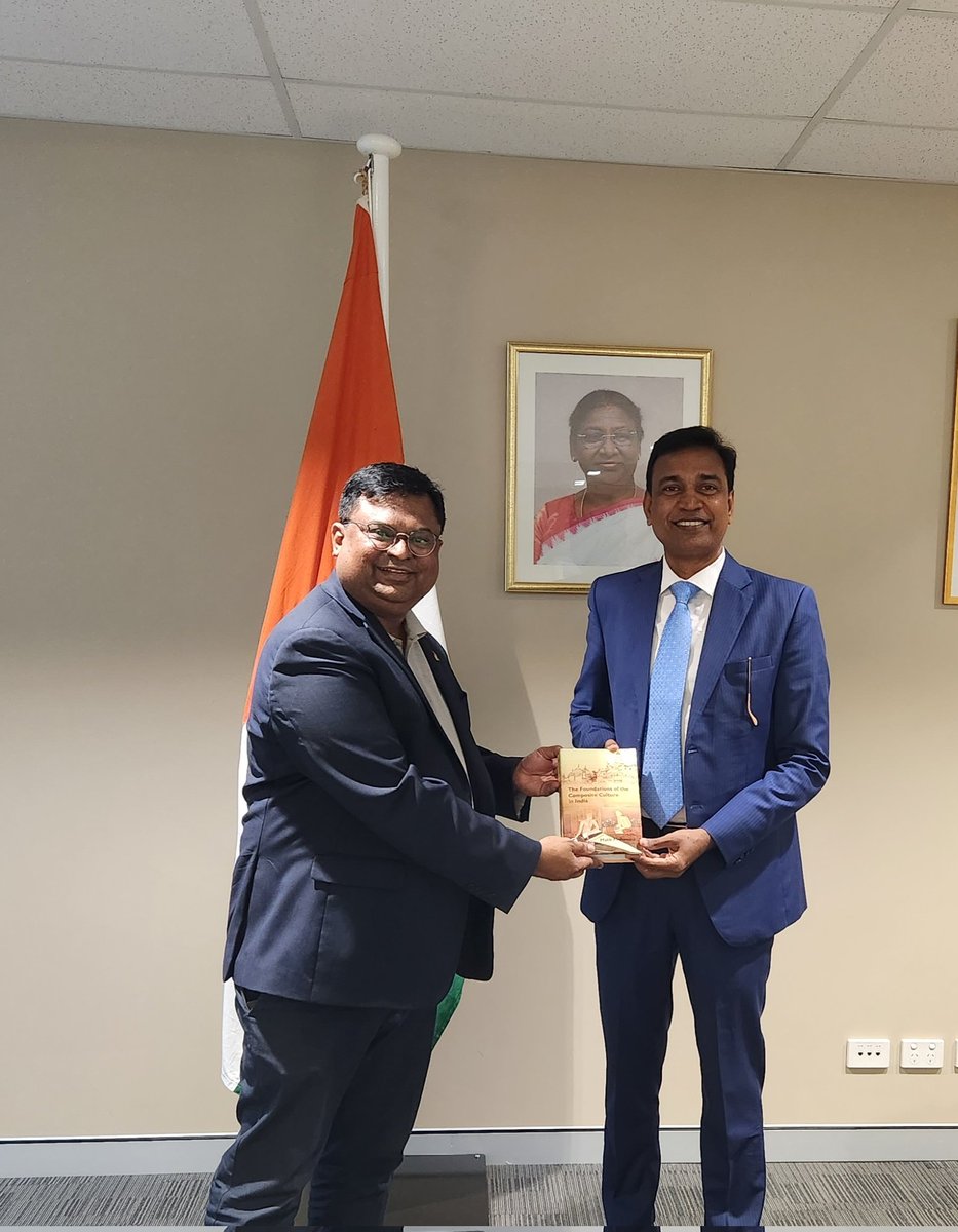 CG Dr Janakiramn held excellent discussions separately with National Chair JodiMcKay and Irfan Malik of #Australia #India #BusinessCouncil @AIBC_National. Mr Irfan presented a book 'Foundations of composite Culture in India' written by his father. #Friendship #PromotingBusiness.