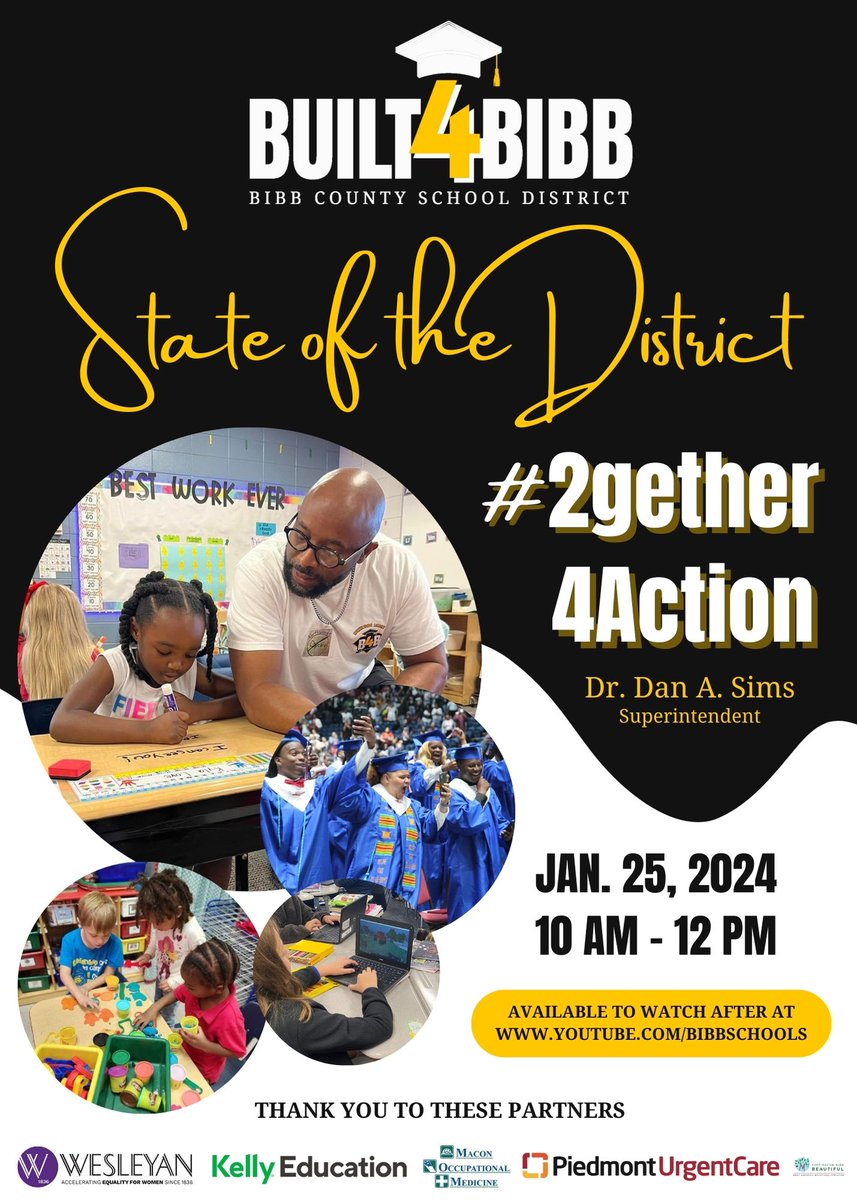 It's all happening! Superintendent @dan_a_sims is excited to present the State of the District: #2gether4Action on Jan. 25! Video will be available to watch following the event at youtube.com/bibbschools. #Built4Bibb #MoreVictoryPlannedTogether