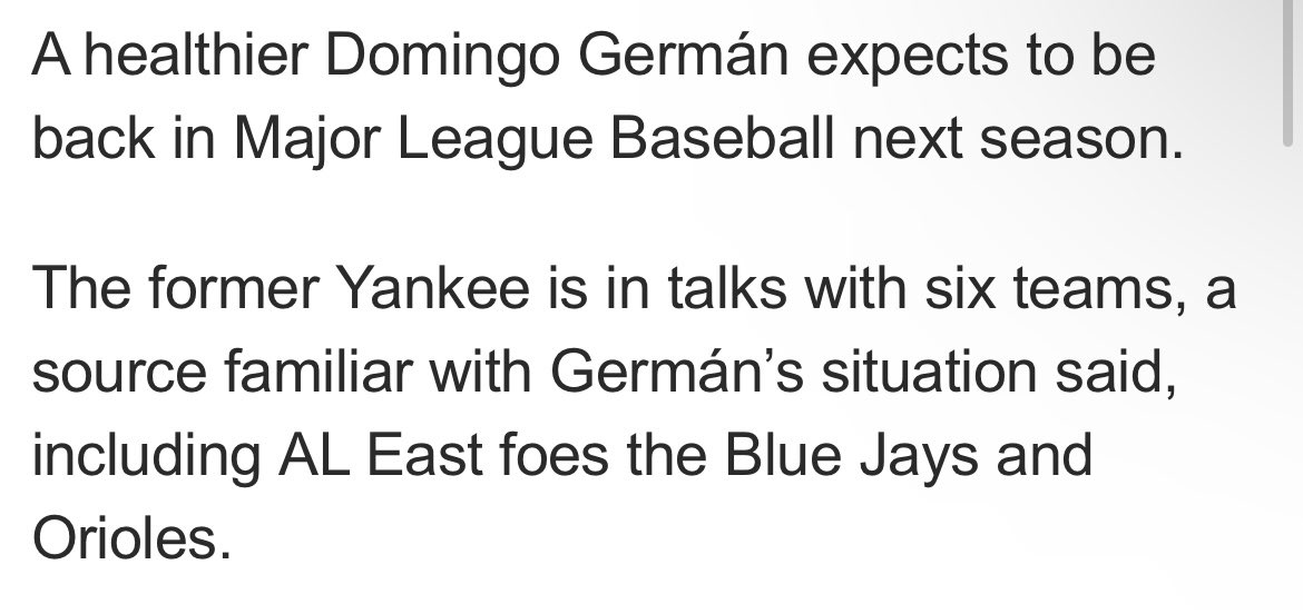 TreIindor20's tweet photo. According to the New York Post Domingo Germán is talking with 6 teams about a MLB contract including the Blue jays and Orioles https://t.co/avVtExR9tZ