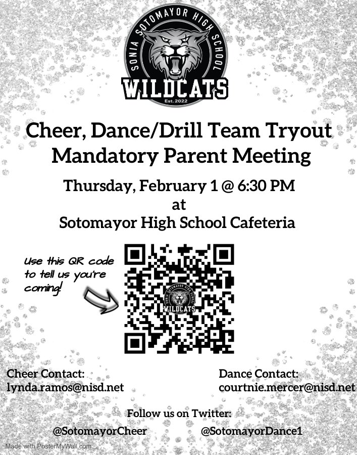 Interested in trying out for one of award winning spirit organizations? Scan the QR code and we will see you next Thursday at our Tryout Meeting!