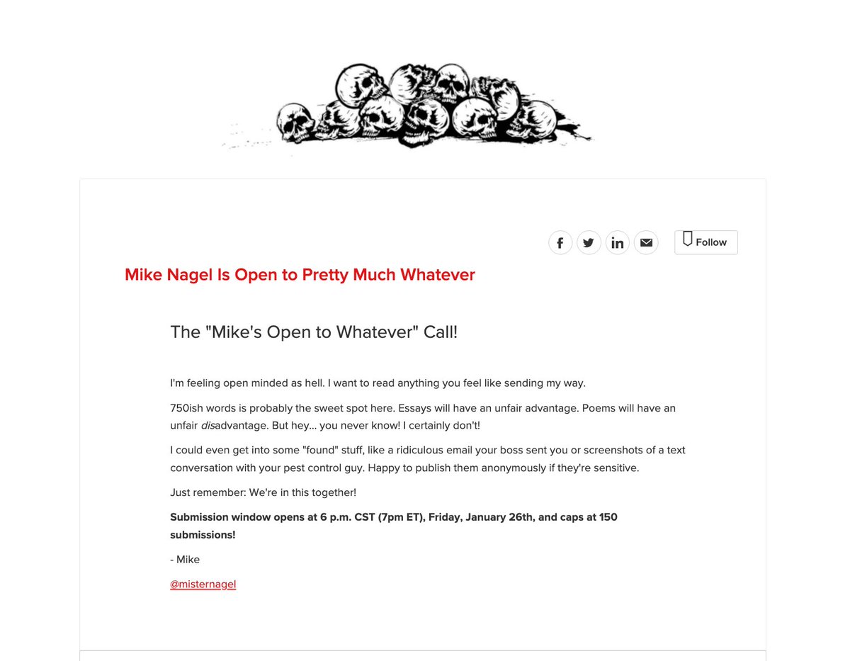 HAD (@havehadhavehad) on Twitter photo Another submission call coming!
Courtesy of... the one and only <a href="/misternagel/">Mike Nagel</a>!!
Friday! 6pm CST (7pm ET)!
full details in image, alt text, & replies.
link will be live at above time (and, we're betting, will be closed and dead a minute or two later?)
havehashad.submittable.com/submit/285322/… Another submission call coming!
Courtesy of... the one and only <a href="/misternagel/">Mike Nagel</a>!!
Friday! 6pm CST (7pm ET)!
full details in image, alt text, & replies.
link will be live at above time (and, we're betting, will be closed and dead a minute or two later?)
havehashad.submittable.com/submit/285322/…