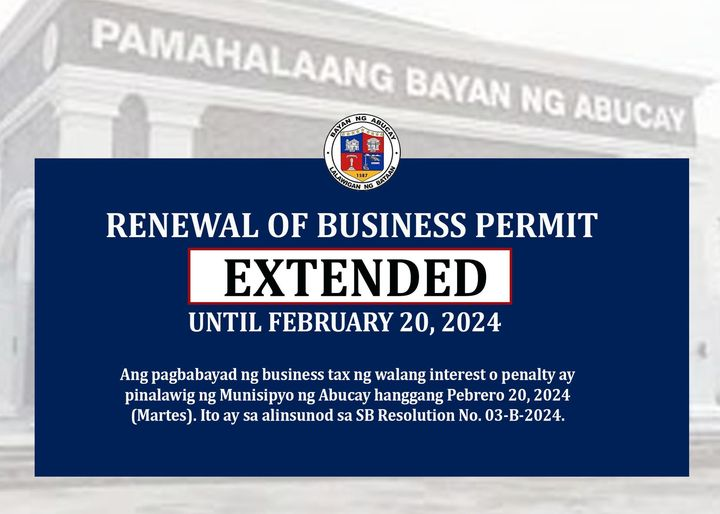 1Bataan's tweet image. Ang pagbabayad ng business tax ng walang interest o penalty ay pinalawig ng Munisipyo ng Abucay hanggang Pebrero 20, 2024 (Martes). Ito ay sa alinsunod sa SB Resolution No. 03-B-2024.
#1bataan