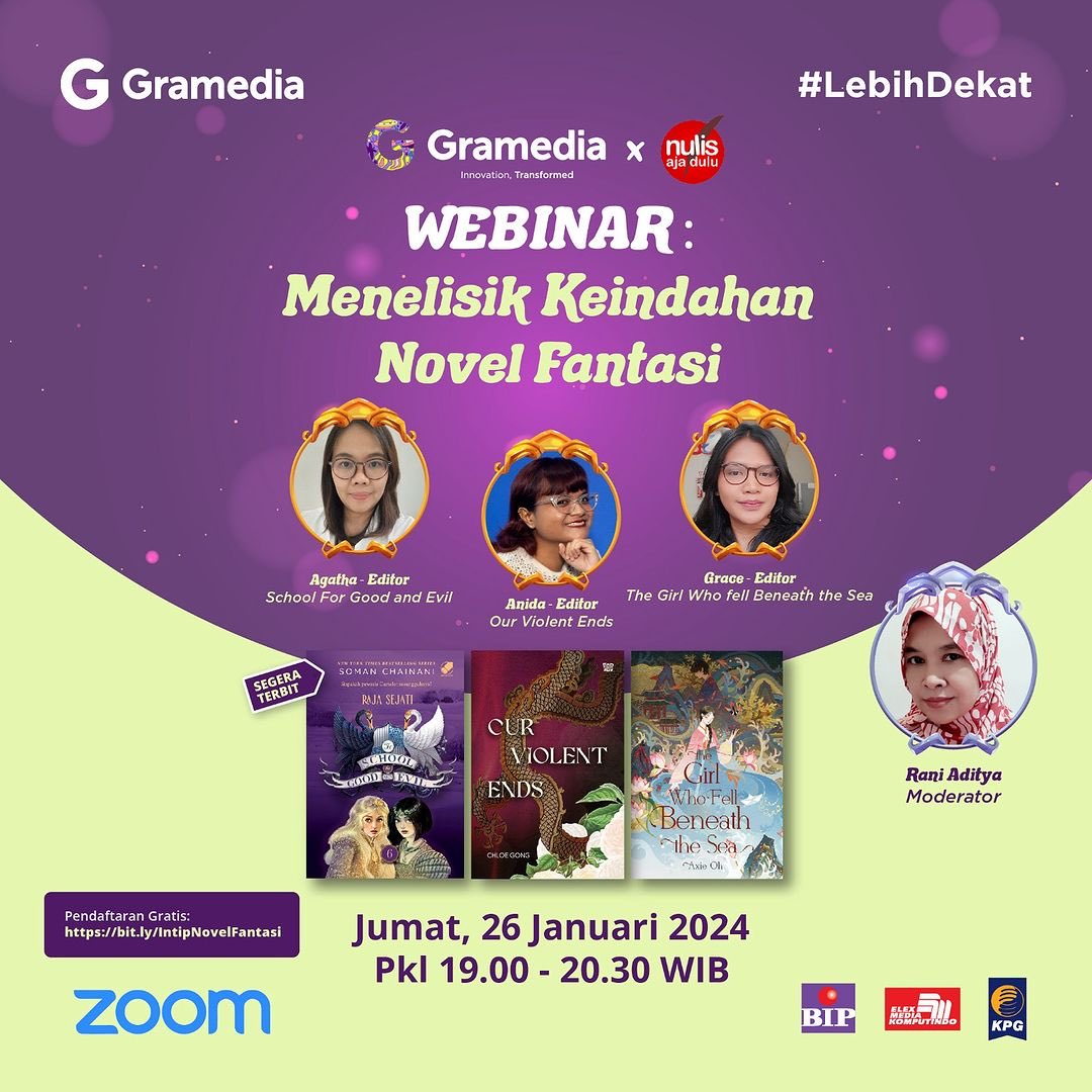 penerbitkpg's tweet photo. 3. Webinar: Menelisik Keindahan Novel Fantasi

📅 Jum’at, 26 Januari 2024
📍 Zoom Meeting
⏰ Pkl. 19.00—20.30 WIB

*tautan pendaftaran: https://t.co/xJ3DBGYEDM

#OurViolentEnds @NulisAjaDulu https://t.co/jlFLjmoPhJ