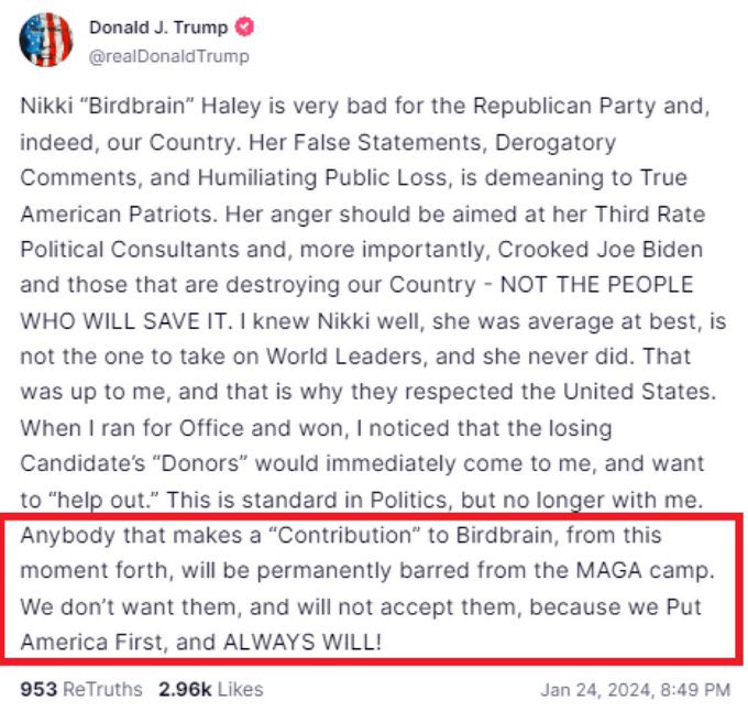 RpsAgainstTrump's tweet photo. NEW

Trump is threatening Nikki Haley donors, saying that anyone who’ll contribute to her campaign will be “permanently barred from the MAGA camp.” Good luck in the general election, Donny.

This comes as Haley has raised $1 million since last night, most of it from small donors https://t.co/wPN18Cey6L