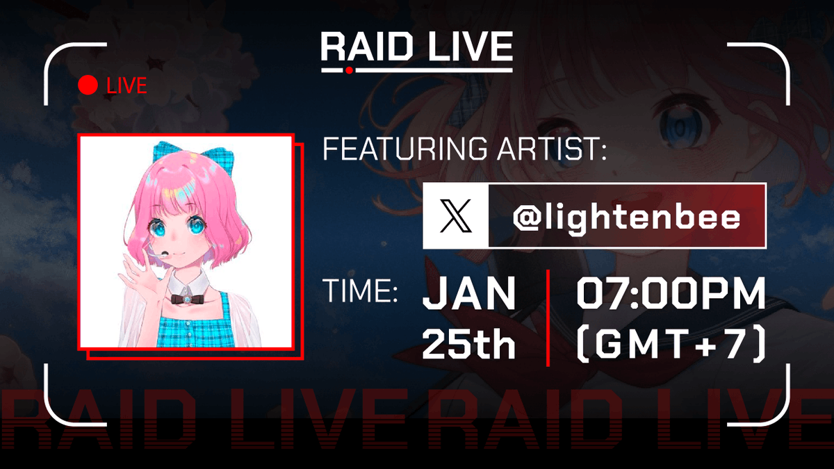 📹 The New Live Stream is coming! 🎨 This time the artist will Create online！Let's dive in and witness the magic unfold 🪄 🧑‍🎨Artist: @lightenbee ⏰Time: Jan 25th 07:00pm(GMT+7) 🛜 raid.xyz/live/ebacjowu6… Don’t miss it ！！