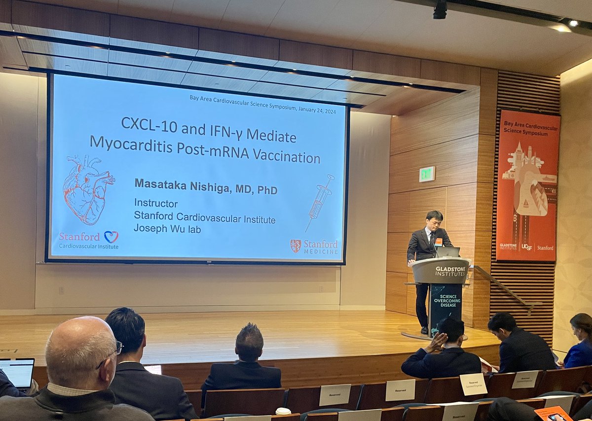 Great talk from @MasaNishiga today at the Bay Area cardiovascular symposium. Still a lot to understand on what causes myocarditis in the very rare individuals who develop it post vaccination. Great meeting @CardioOncology too! Thx @BrianBlackUCSF @benoitbruneau for organizing