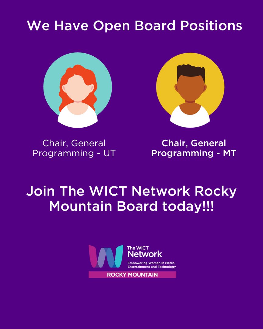 The WICT Network: Rocky Mountain is looking for  additional volunteers to join our board! We currently have open board seats for Chair, General Programming- UT and Chair, General Programming- MT.

Learn more about the available roles here: wictrm.org/open-board-pos…