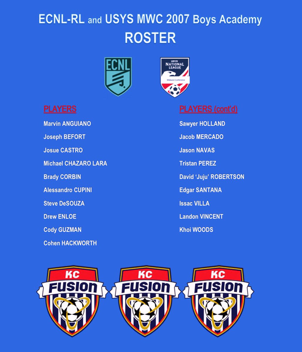 PLAYER READY!!!

Here they are…

⚽️ the 2007 KC Fusion ECNL-RL and USYS MWC Academy Players

🌴 NEXT UP… ECNL SHOWCASE
☀️ in FLA