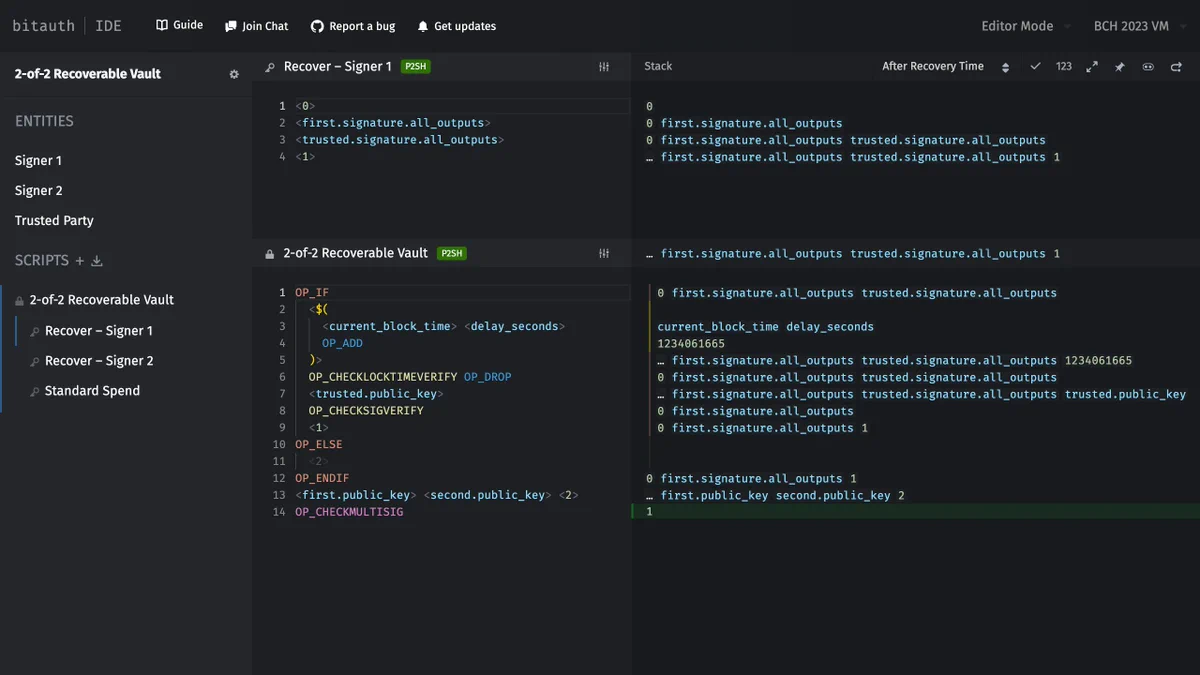 A screenshot of Bitauth IDE editing a "2-of-2 Recoverable Vault" wallet template. The "Recover – Signer 1" unlocking script is being evaluated before the "2-of-2 Recoverable Vault" locking script, and an interactive stack viewer displays the state of the virtual machine stack across every step of the evaluation.