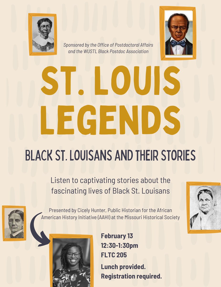 WashUOPA's tweet photo. Don't miss #StLouisLegends with @mohistorymuseum's public historian, Cicely Hunter on Feb. 13 at 12:30pm.
Talk #StLouisBlackHistory with us & @wustlbpa. Register by Feb. 6!
https://t.co/PFxM8cNKGq https://t.co/yfeAbxUAdK