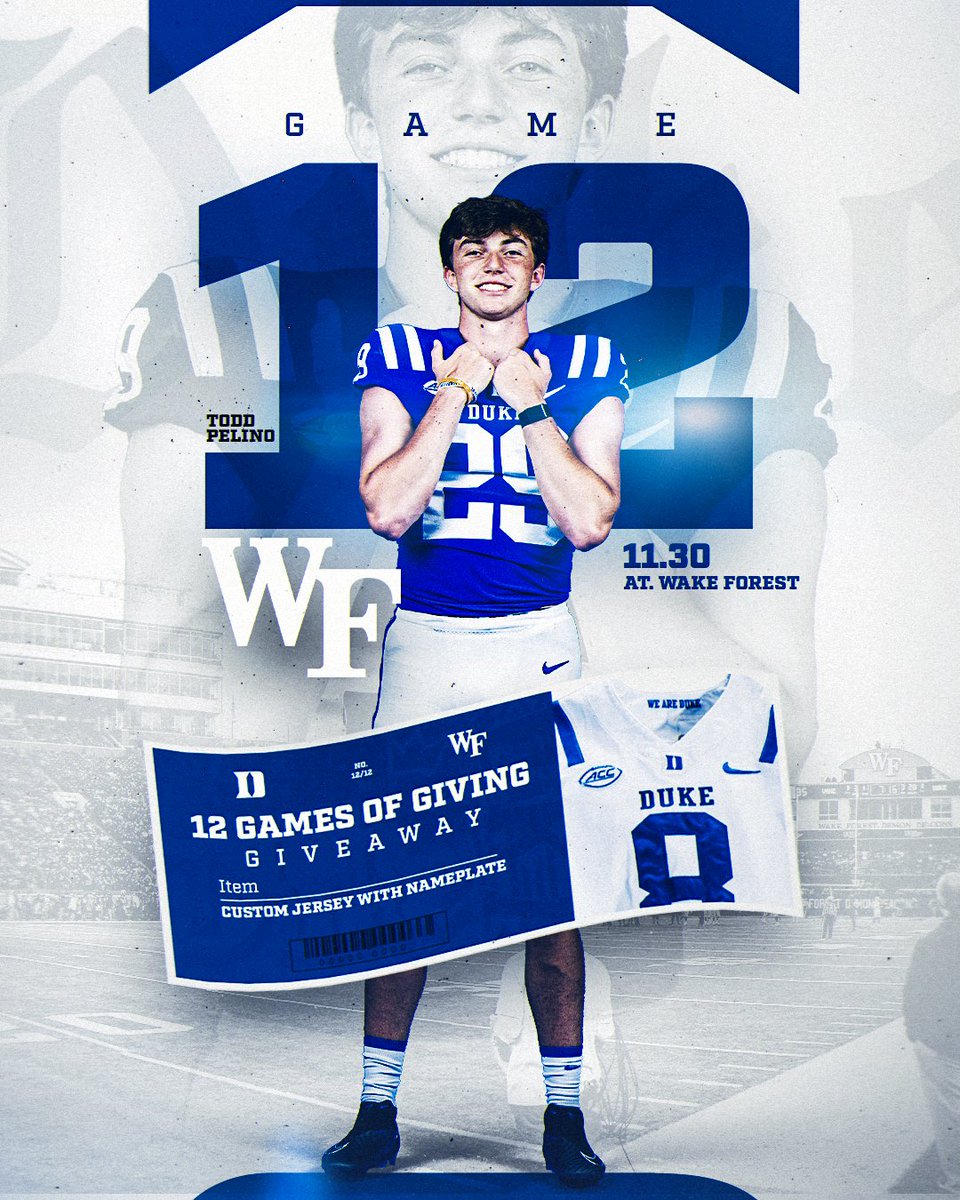 GAME TWELVE
11/30 | at Wake Forest

Last but not least, a jersey with a CUSTOM nameplate on the back!

All you need to do to enter is like, repost and follow @DukeFootball!