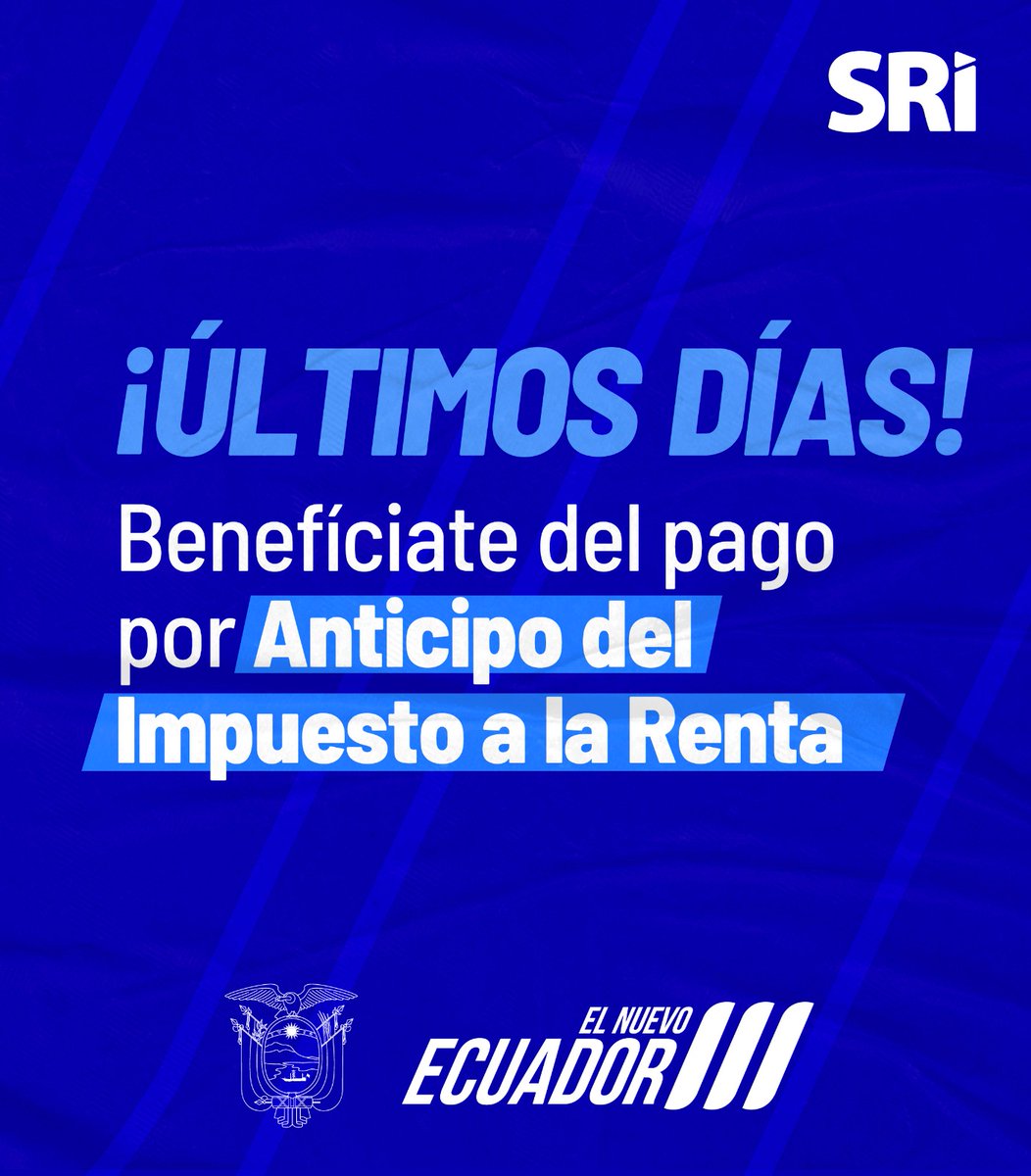 SRIoficialEc's tweet photo. ¡No dejes pasar la oportunidad! 
 
 Al realizar, este mes, tu pago voluntario por el anticipo del Impuesto a la Renta obtendrás intereses a tu favor, que podrás utilizarlos para el pago de esta obligación tributaria. 
 
 #ElNuevoEcuador 🇪🇨 https://t.co/KGwYhHVw8H