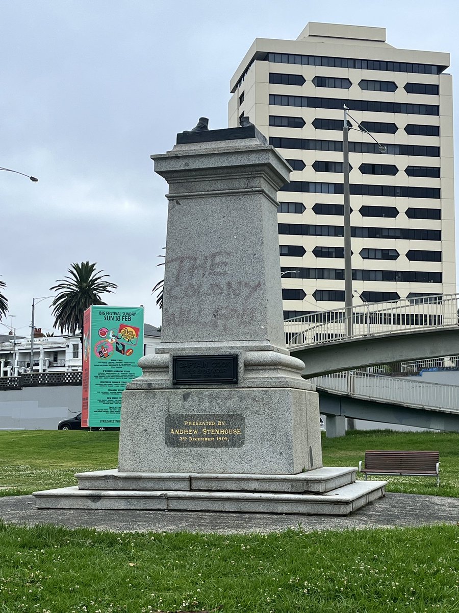 abbydinham's tweet photo. Captain Cook statue in St Kilda has been been sawn off at the ankles and ‘the colony will fall’ spray painted on the stone plinth. The council has taken the statue away. Council officials say the vandals came a day earlier than expected @10NewsFirstMelb https://t.co/SX3x2GFPNB