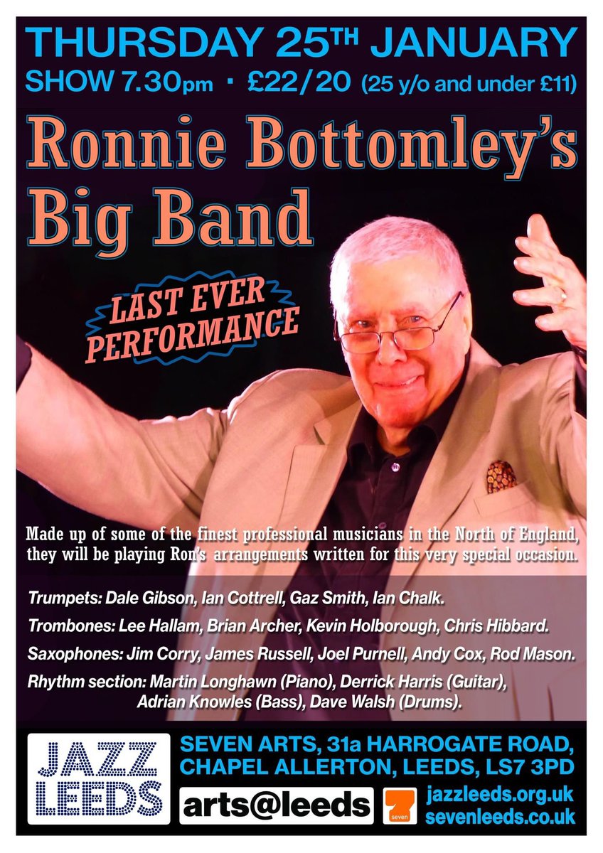 JamieGSax's tweet image. Surprise gig! Very excited to have been asked by Ronnie Bottomley to play for his final big band gig. Looking forward to playing some brilliant arrangements, along side some absolutely top notch players. It’s sold out, so I have no doubt it’ll be a great night!