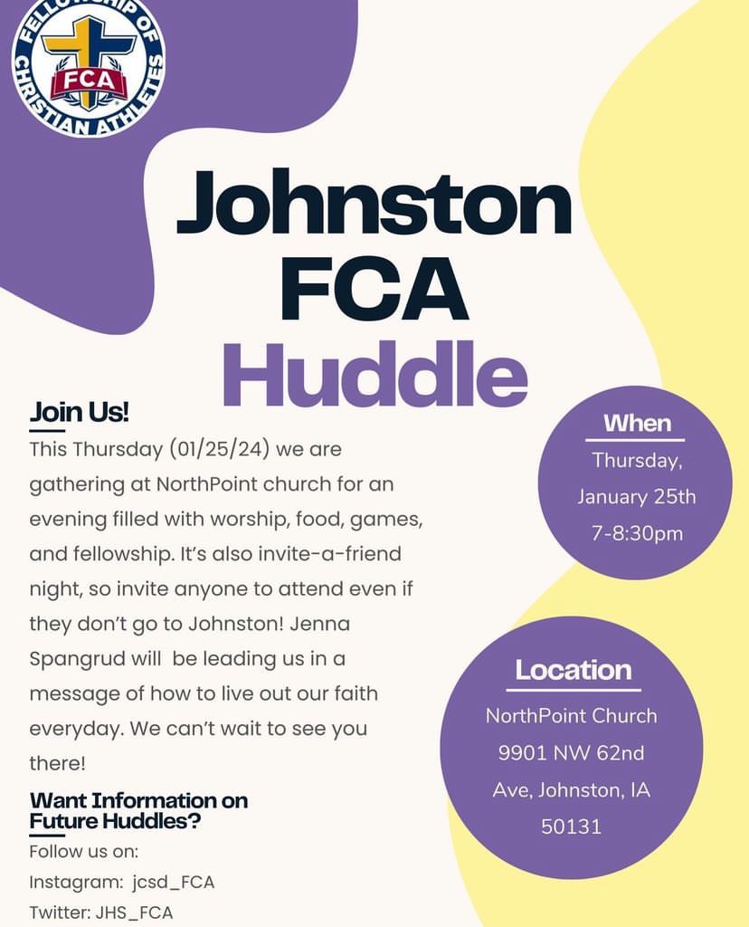 JHS_FCA's tweet photo. On Thursday, January 25th, we will be having our huddle at NorthPoint Church! Invite any friends to come, and get ready for an evening of fellowship and pasta! https://t.co/TPyzTaWX7n