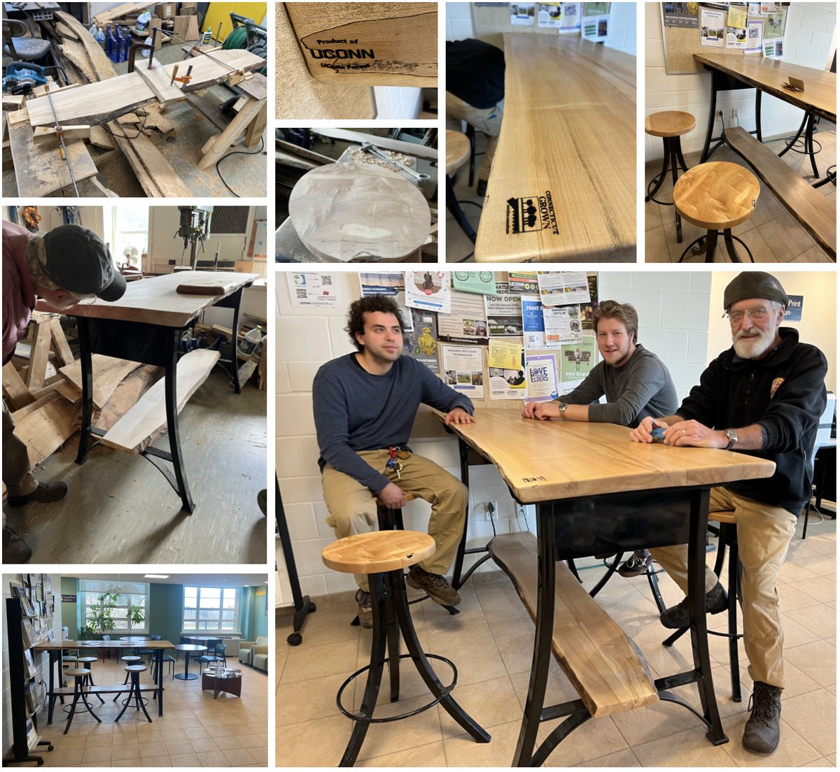 WBY at UConn has new furniture! This masterpiece is all hard maple 🌳harvested from #UConnForest, milled &amp; crafted by Tom Worthley and students working on the forest crew in '22 &amp; '23 - Zach, Zach, Michael, Daniel, Rose, Isaac - Your countless hours of sanding really show!