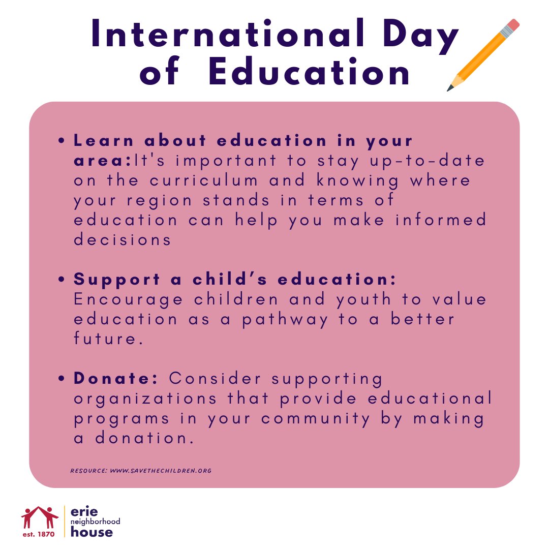 eriehouse's tweet image. Happy International Day of Education! Let's celebrate because knowledge knows no boundaries. Education is the key to a brighter, more inclusive future! 

#education #internationdayofeducation #knowledge #eriehouse