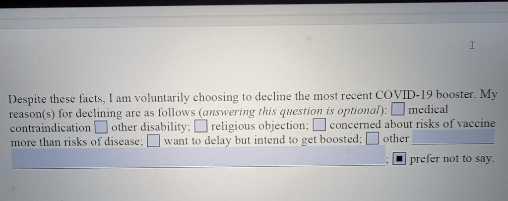 WhoudiB's tweet photo. @EWidera These were the options in the previous form. This new BS amounts to the mandate/ "exception" standard. Only requiring the masking of people in this category is also ridiculous. They should never have removed the masking requirement for all staff. This is a $$$ grab. https://t.co/5QZAspzVUx