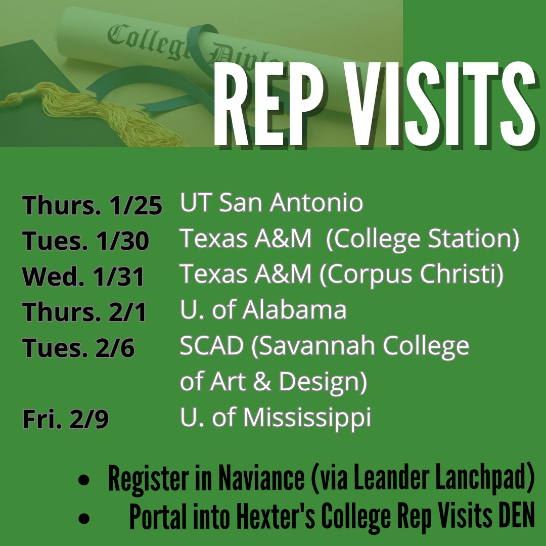 Juniors and sophomores, Interested in kicking off your college search journey? Want to meet with college reps to learn more about the process? See which universities will be on campus over the next few weeks and attend the appropriate DEN.