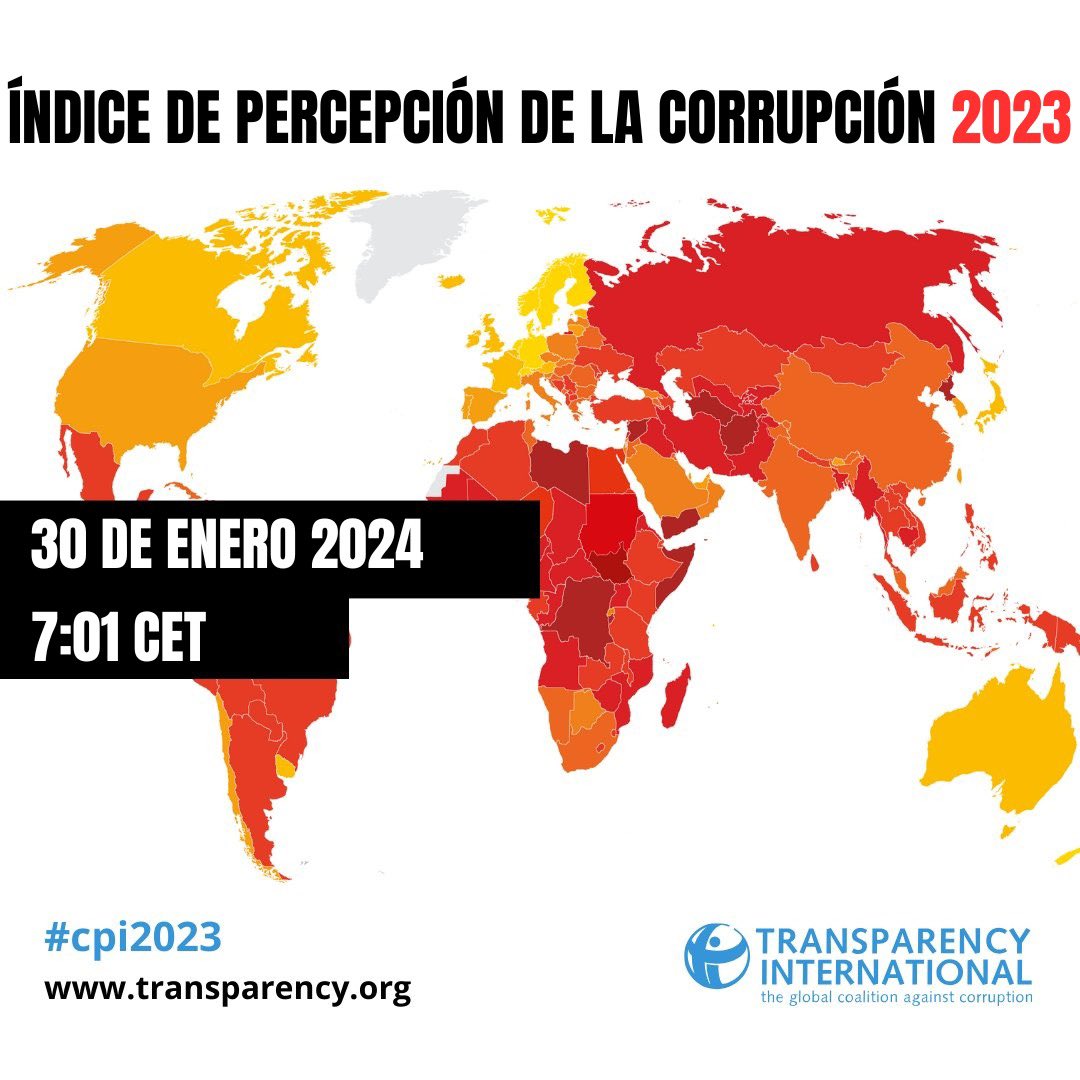 ✔️La próxima semana será publicado el índice de Percepción de la Corrupción de Transparencia Internacional.🔍🌎

🗓️❗️Guarda la fecha: 30 de enero de 2024. #CPI2023