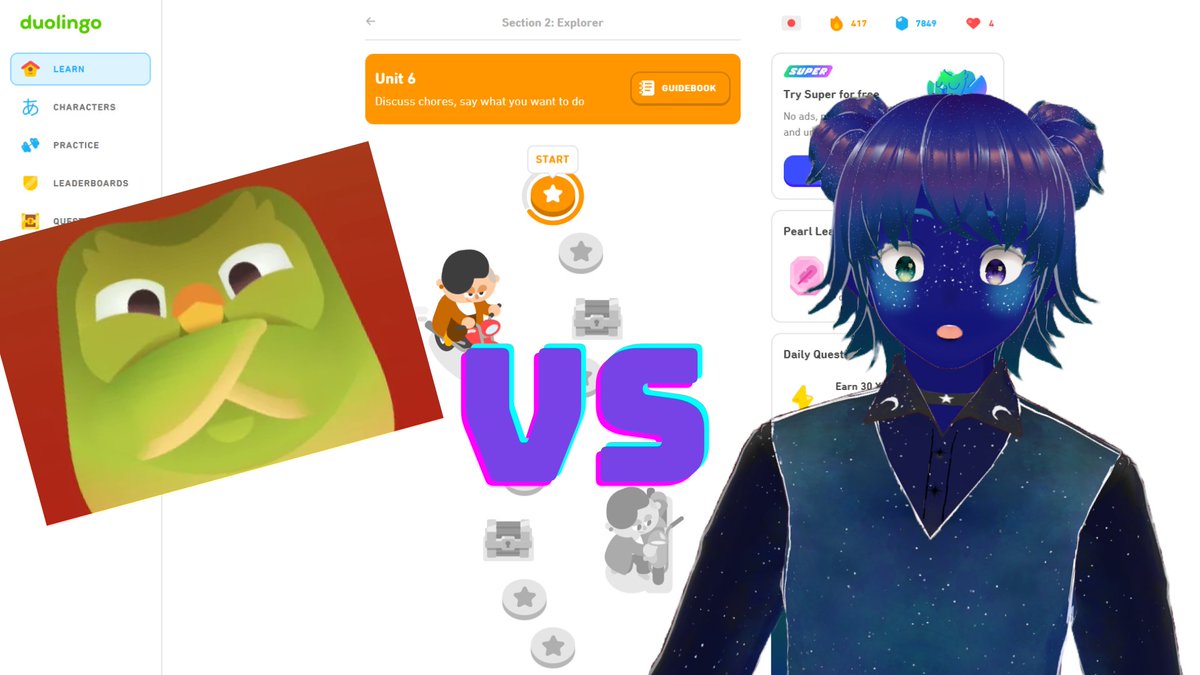 LIVE TONIGHT! 7PM EST! (in an hour) 
DUOLINGO CHALLENGE WITH PUNISHMENTS!!
come say hi! :D
live @ twitch.tv/tranquilaozora
hope to see you there!