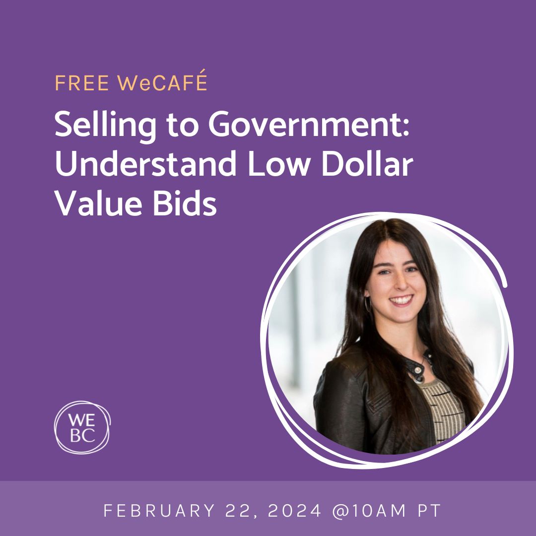 Join us on February 22 with Stephanie Waters from Procurement Assistance Canada to discover the potential of low-dollar value procurement to grow your business with the Government of Canada. Our WeCafés are free and open to everyone! Learn more 👇🏼 go.we-bc.ca/LDVbids