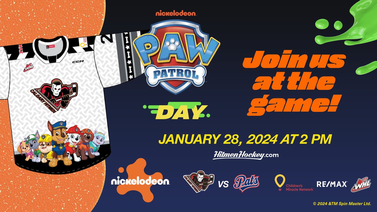 The Calgary Hitmen and Chase are on the case!

RE/MAX presents Nickelodeon Night in support of @CMNCanada is back!

Join us this Sunday, January 28th at 2pm for PAW Patrol Day!

 Get your tickets now 🐾 chl.ca/whl-hitmen/tic…

#REMAXforCMN | <a href="/ACHFkids/">Alberta Children's Hospital Foundation</a>