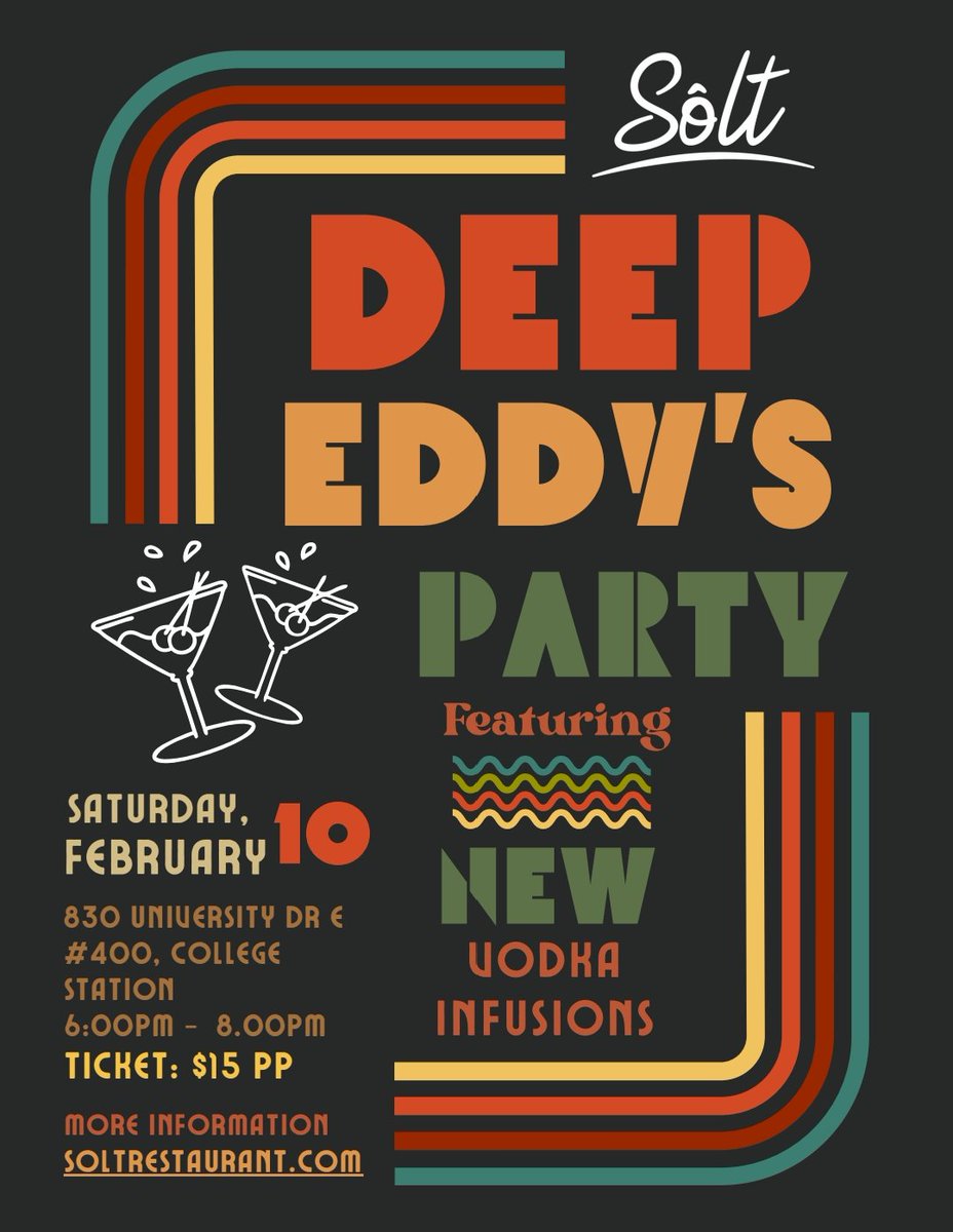 This will be fun!  Featuring <a href="/DeepEddyVodka/">Deep Eddy Vodka</a> at <a href="/Soltrestaurant/">Sôlt Restaurant</a> for February Spirit Tasting Event!  #aggieland #SaveTheDate