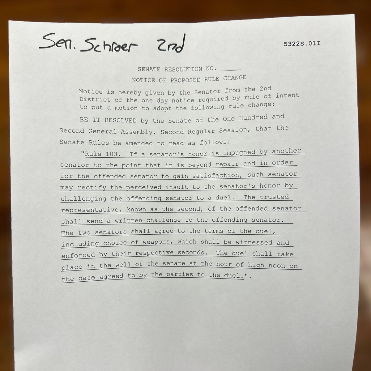 MoSenDems's tweet photo. The Missouri Republican Civil War continues to escalate as a member of the Freedom Caucus faction has filed a proposed rule change to allow Senators to challenge an “offending senator to a duel.” #moleg https://t.co/ru9GcYCKBE