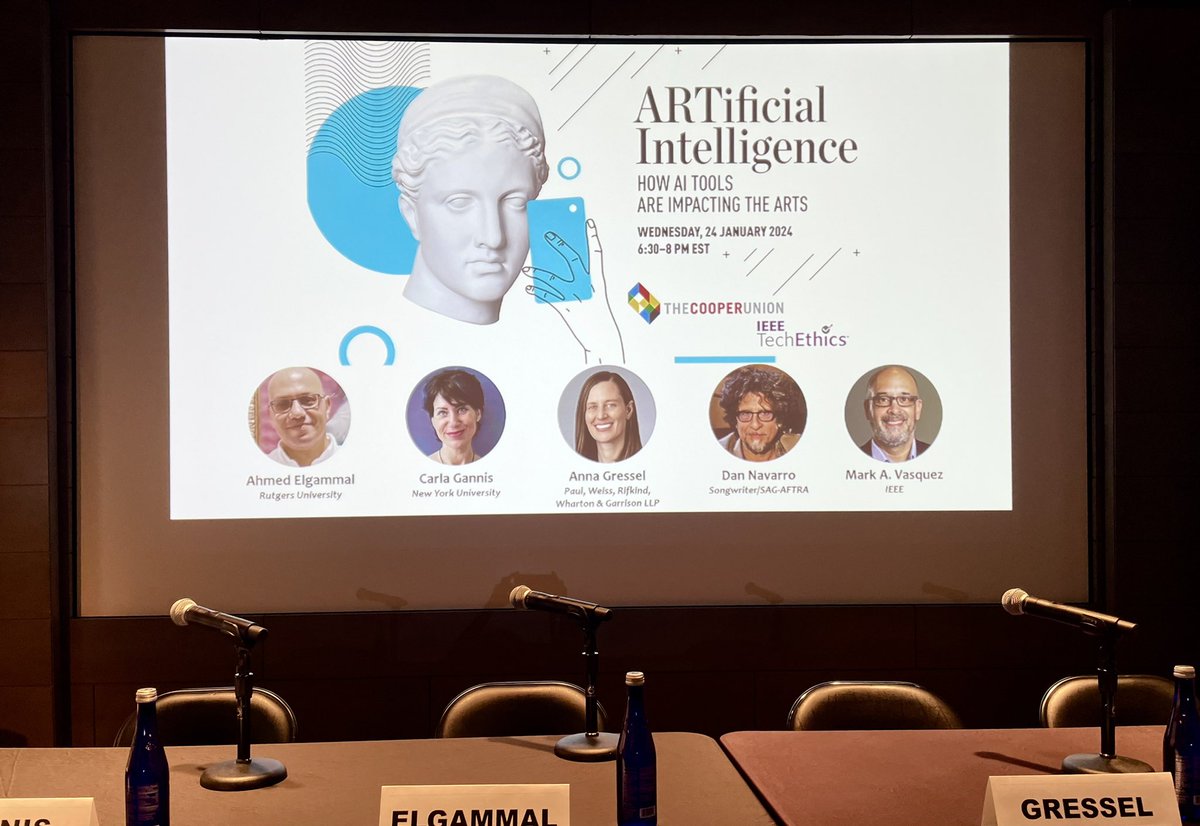 ARTIFICIAL INTELLIGENCE: HOW AI TOOLS ARE IMPACTING THE ARTS starts at 6:30pm EST at @cooperunion !! Panelists include Ahmed Elgammal, Anna Gressel, Carla Gannis, Dan Navarro & IEEE's Mark A. Vasquez moderates. You can join online here: cooper.edu/events-and-exh…