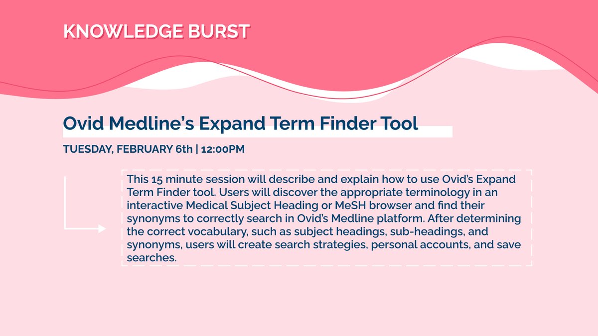 Please join #BrighamBEI for a 'Knowledge Burst: Ovid Medline’s Expand Term Finder Tool' session with Medical Librarian @susan_warthman on Tues, 2/6/2024, 12:00 PM - 12:15 PM! #MedEd #MedTwitter @BWHiHub @ovid_wkhealth Register: bit.ly/ovid-feb-2024