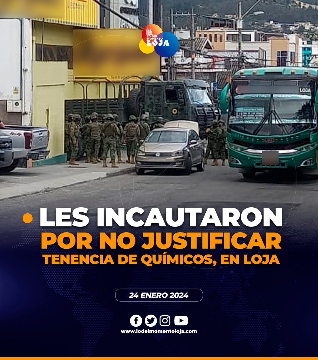 lodelmomentoloj's tweet photo. 😱🪖👥 ¡Operativo en Loja! En el casco céntrico de la urbe lojana, personal de Fuerzas Armadas realizó la incautación de materiales químicos, tras no ser justificada su tenencia. 

Noticia en desarrollo...
https://t.co/c1tMMSSmxL
#LDMnoticias #lodelmomentolojaLDM https://t.co/pqCLpHmse4