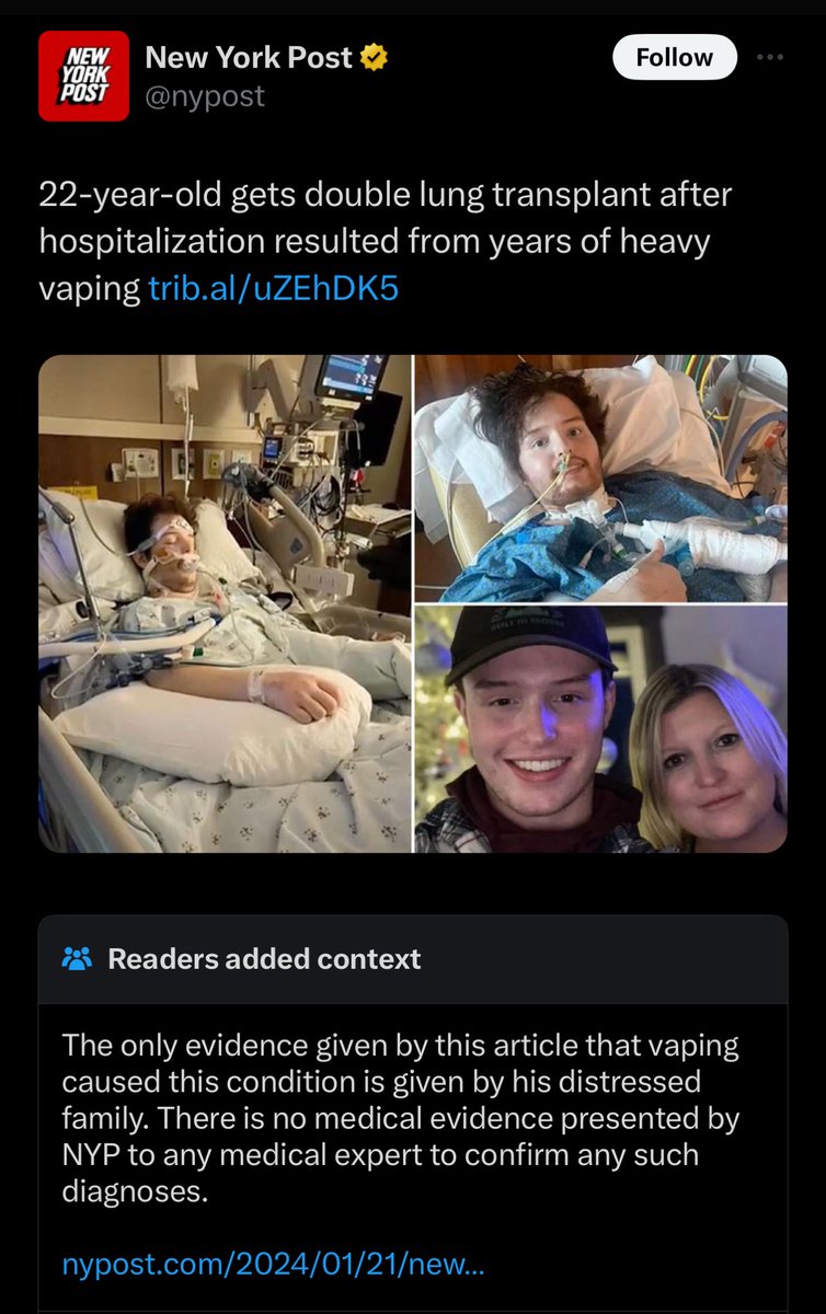 I’m really REALLY surprised to see @VICENews referencing a community-noted @nypost article. No medical person in the room said the transplant was due to vaping. His mom did.