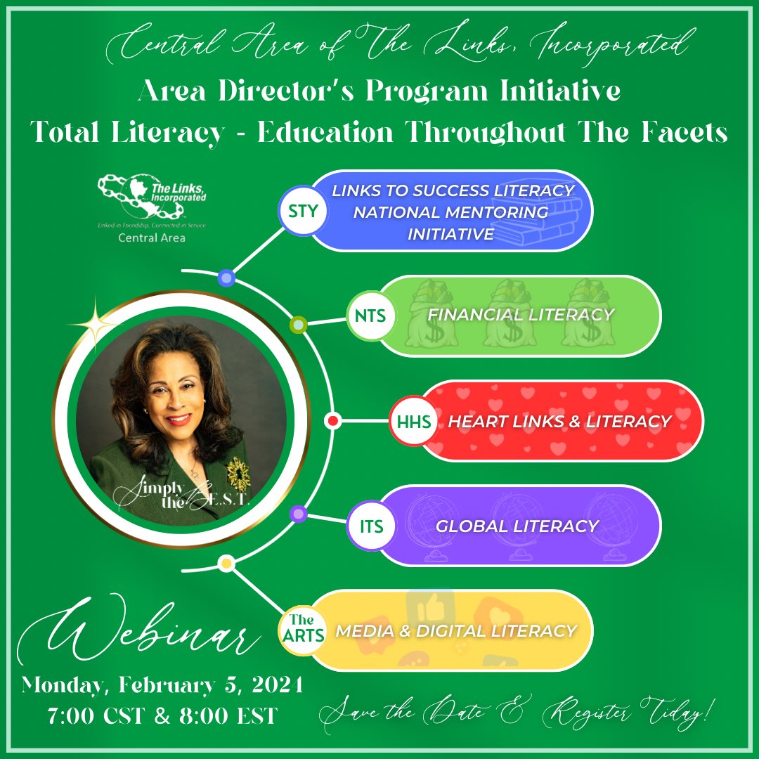 Join us for our Area Director’s Program Initiative: TOTAL Literacy - Education Throughout the Facets on Monday, February 3, 2024 at 7:00 CST and 8:00 EST. 

Please check your email from Central Area for the webinar registration link. 

#calinks #linksinc #webinar  #savethedate