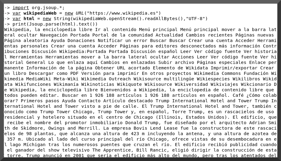 jgrateron's tweet photo. También se pueden usar librerías externas 
jshell --class-path jsoup-1.17.2.jar
#java #jshell https://t.co/LNmY47q7Co