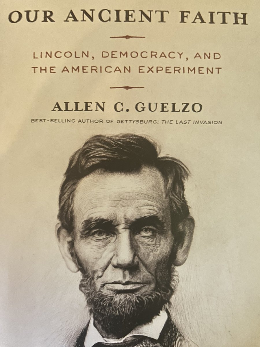 NPRinskeep's tweet photo. Airplane reading: advance copy of the great historian Allen C. Guelzo’s new book on Lincoln. A meditation on the sixteenth president and our democracy. The first page is breathtaking. https://t.co/SMepYdVTQr
