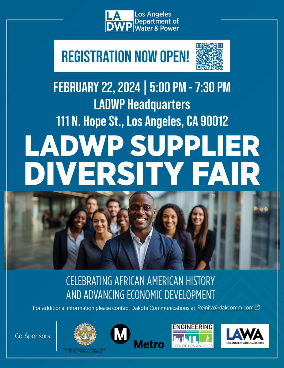 dakcomm's tweet image. Join us for LADWP’s Supplier Diversity Fair celebrating African American History Month &amp;amp; Advancing Economic Opportunities on Thursday, February 22nd from 5:00 pm to 7:30 pm at LADWP Headquarters- with special catering from Dulan's Soul Food Kitchen!