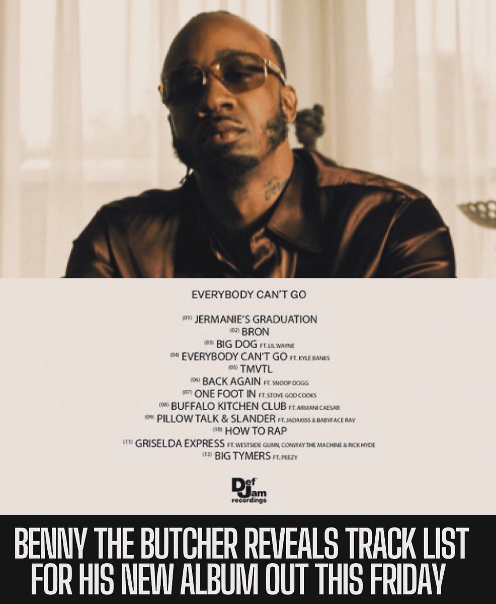 Benny the Butcher reveals track list for his new album dropping this Friday through Def Jam/Black Soprano Family. It features Lil Wayne, Snoop, Jadakiss & more. Producers incl. Hit Boy and the Alchemist. Who’s looking forward to this one? #Hiphop #Rap #Hiphopculture #newhiphop