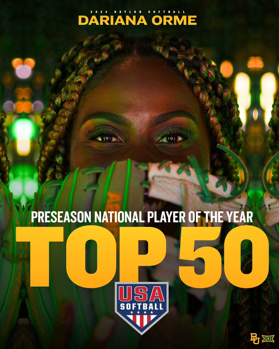 Baylor Softball (@baylorsoftball) on Twitter photo Thatโs our girl ๐คซ
Dari has been named to <a href="/USASoftball/">USA Softball</a> 2024 Collegiate Player of the Year Top 50 Watchlist!
>> baylorbea.rs/3HzLoCN
#SicEm Thatโs our girl ๐คซ
Dari has been named to <a href="/USASoftball/">USA Softball</a> 2024 Collegiate Player of the Year Top 50 Watchlist!
>> baylorbea.rs/3HzLoCN
#SicEm