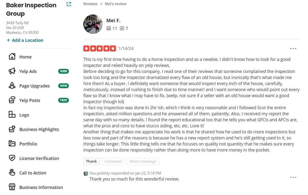 BakerInspection's tweet photo. Quality not Quantity. Thank you Mei for the awesome 5 star Yelp review. 
We make sure we tell you the entire story about your house without skipping chapters.
See the BIG difference we make every time. Call today for your inspection. 209-522-5320 https://t.co/qYmCEDuCFb