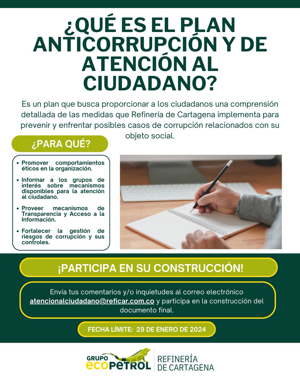 ¡Estamos construyendo el Plan Anticorrupción y de Atención al Ciudadano 2024, y contamos contigo! 🤓 ☝

💻 Envía tus comentarios y/o inquietudes al correo electrónico atencionalciudadano@reficar.com.co

Enlace del documento: lnkd.in/efqvqm7e