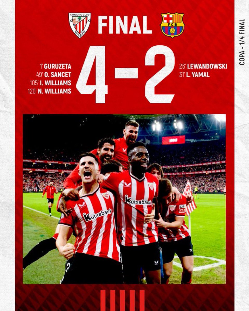 Solo tres equipos han logrado eliminar al Barça antes de semifinales en las últimas 14 ediciones de la Copa:

👉 El ATHLETIC en San Mamés en 2020

👉 El ATHLETIC en San Mamés en 2022

👉 El ATHLETIC en San Mamés en 2024

#AthleticBarça