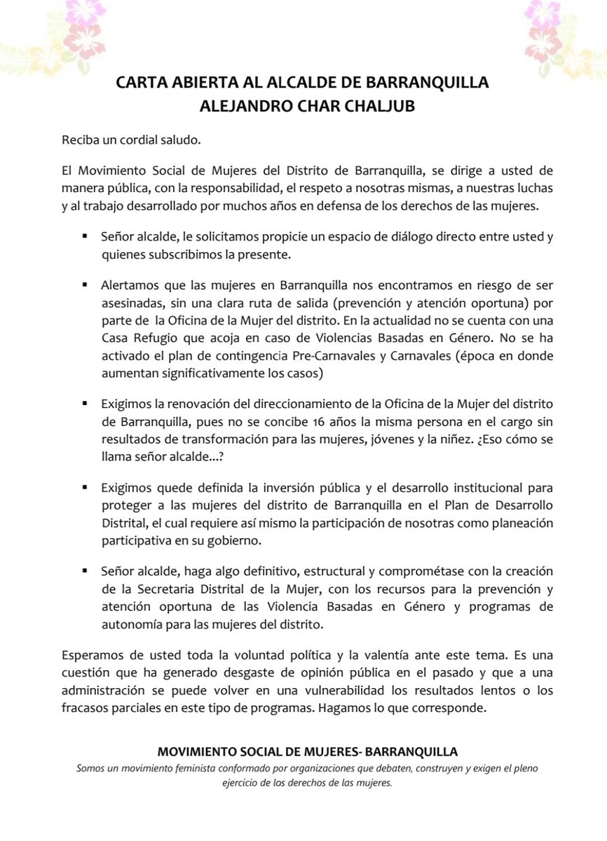 Sr.<a href="/AlejandroChar/">Alejandro Char</a> <a href="/veranodelarosa/">Eduardo Verano de la Rosa</a> seguimos esperando respuesta a nuestras solicitudes, frente a la vida de las mujeres en el departamento del Atlántico.<a href="/AtlanticoEmi/">EmiAtlantico</a> <a href="/CaracolRadio/">Caracol Radio</a> <a href="/BLUCaribe/">Blu Caribe</a> <a href="/ctvbarranquilla/">CTV Barranquilla</a> <a href="/NoticiasUno/">Noticias Uno</a> <a href="/6AMCaracol/">6AM</a> <a href="/jorgecura1070/">Jorge Cura Amar</a>