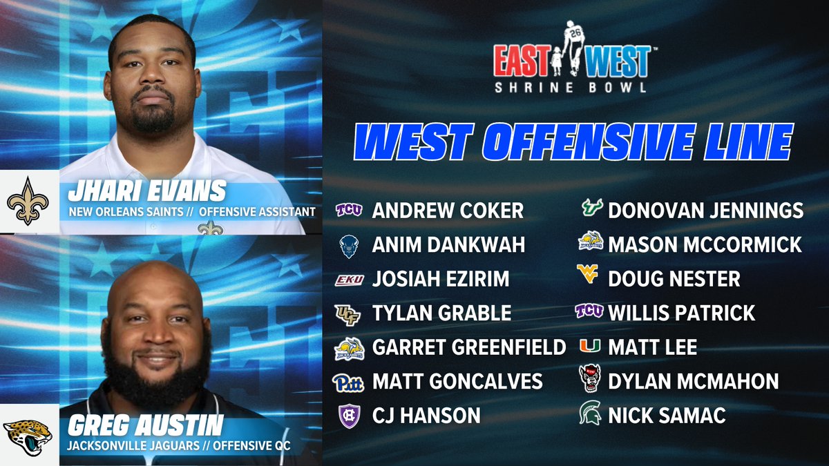 😤 Here's a look at the WEST OL coached by Jhari Evans (@J_7TRE_E) from the @Saints and Greg Austin from the @Jaguars! 💫 @ACoker74 💫@Animthedreamm 💫 @Josiah_Ezirim 💫 @tylanmalik 💫 @greenfield_74 💫 @MattGoncalves77 💫 @chris330196 💫 @donovan_blu 💫 @MasonLMcCormick 💫…